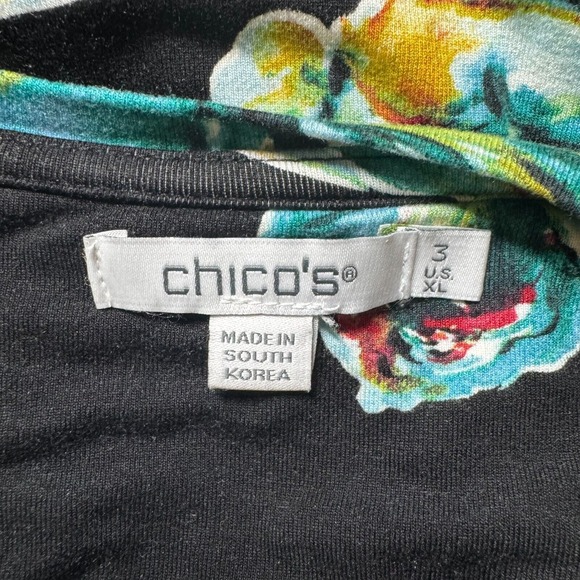 Chicos Womens Sz 3/XL Black Floral Knit Top Black Floral 3/4 Sleeve Stretch - Picture 10 of 11